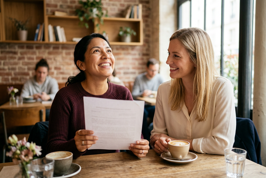 Two women smiling together at a café, one holding a document.