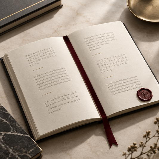 Editorial illustration of a document representing professional translation services